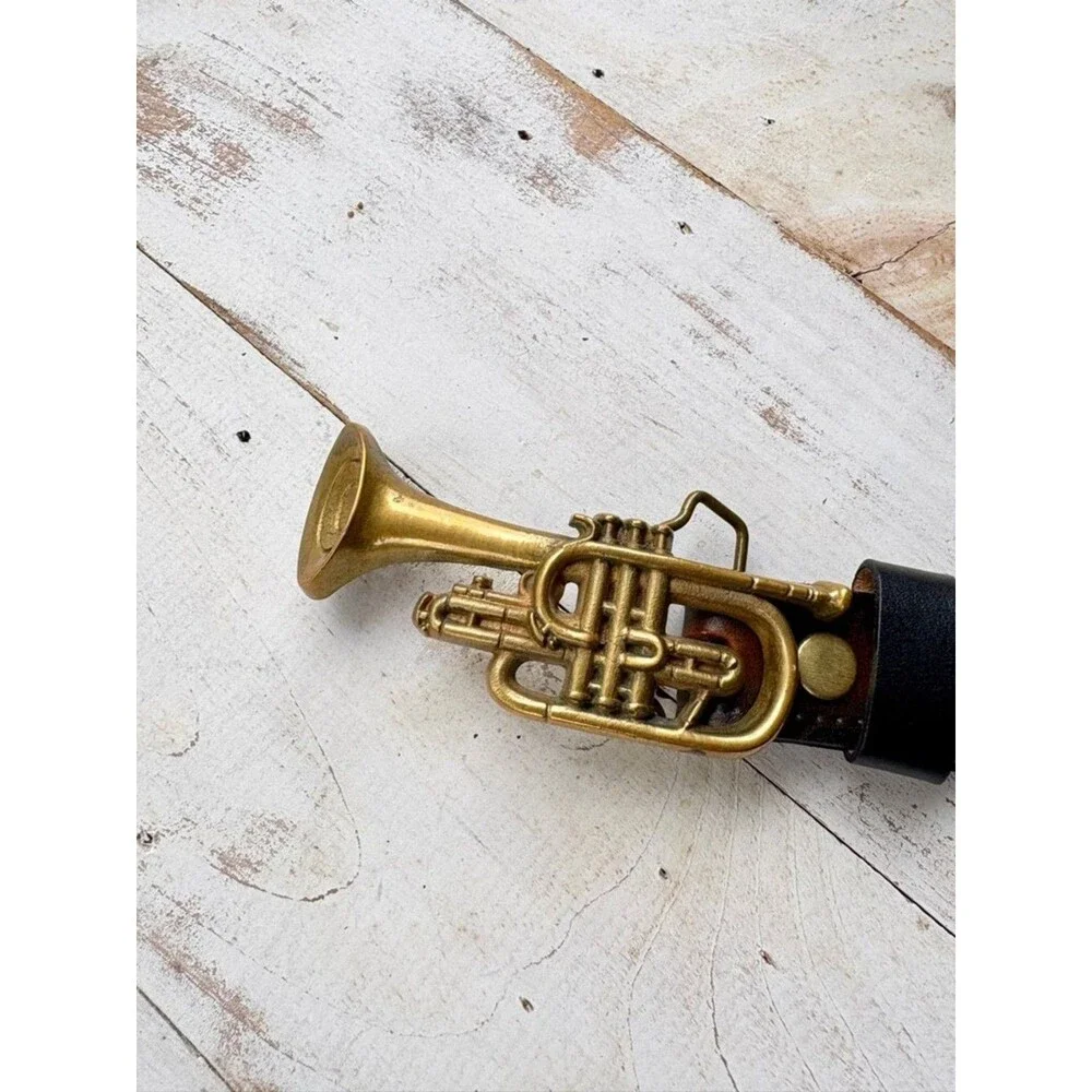 Vintage 70s leather belt Baron solid Brass Buckle cornet trumpet music band 34